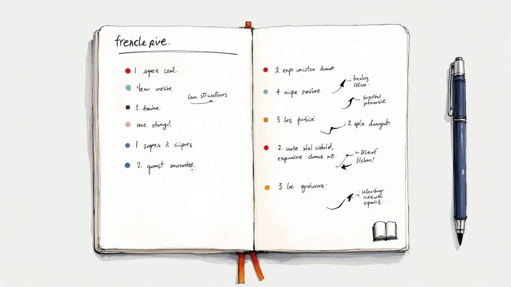 A person journaling in French with a cup of coffee nearby.